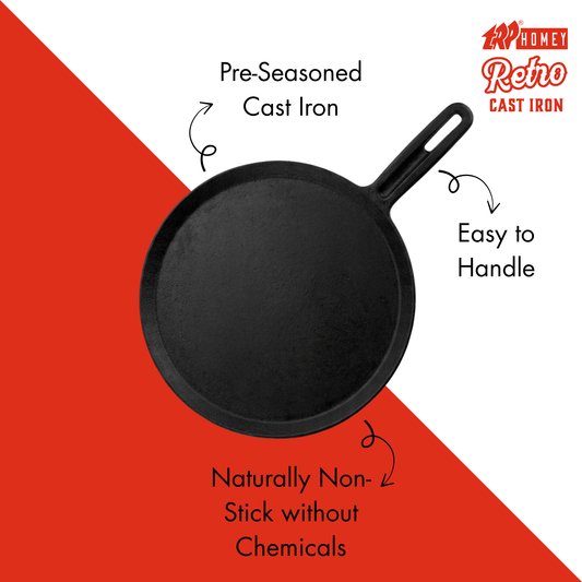 TRP Homey Retro Pre-Seasoned Cast Iron Dosa Tawa Long Handle