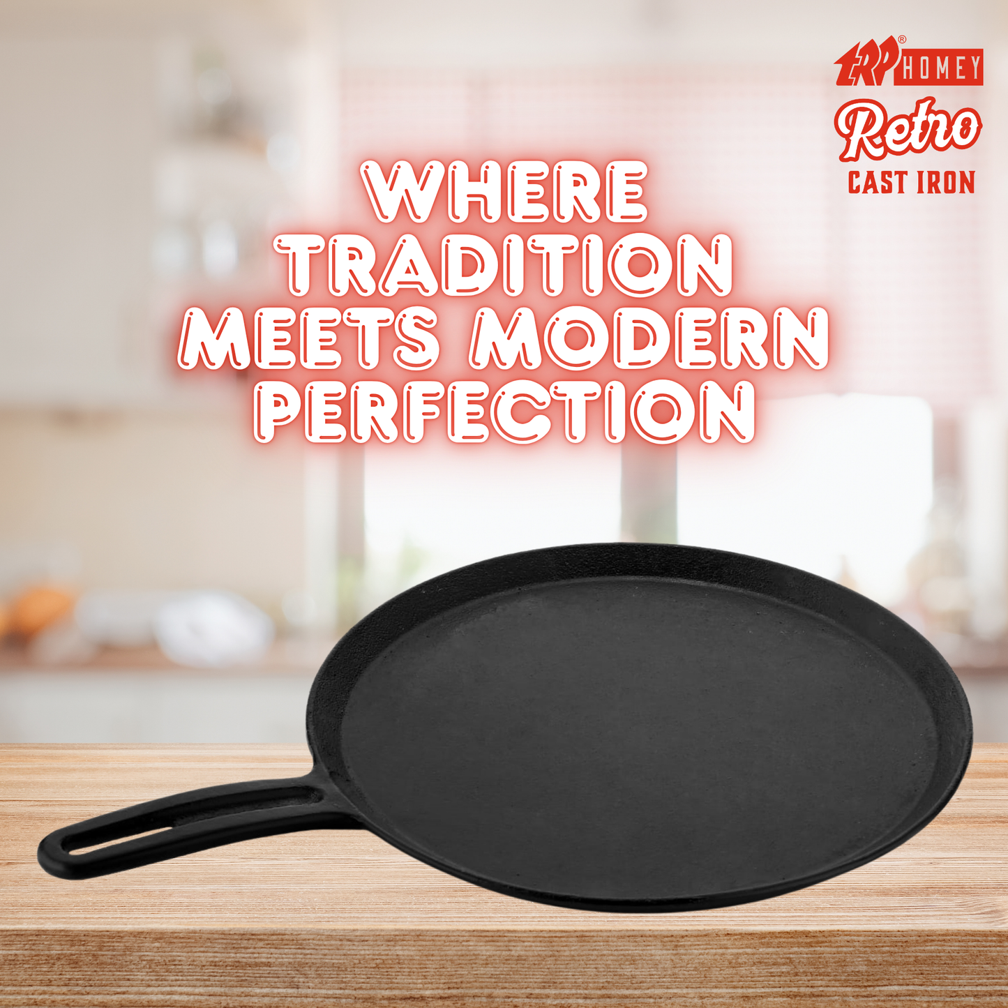 TRP Homey Retro Pre-Seasoned Cast Iron Dosa Tawa Long Handle