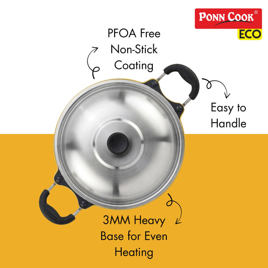 Ponn Cook Eco Aluminium Non-Stick Non-Induction Base Sleek Appam Pan, 230MM