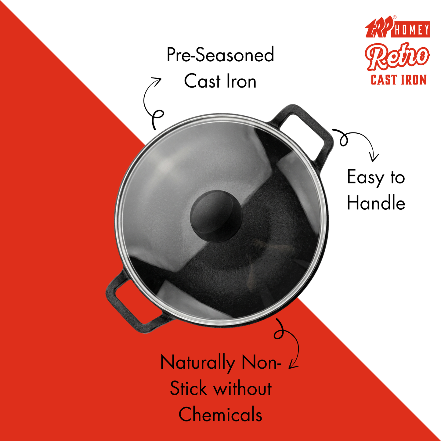 TRP Homey Retro Pre-Seasoned Cast Iron Kadai With Lid