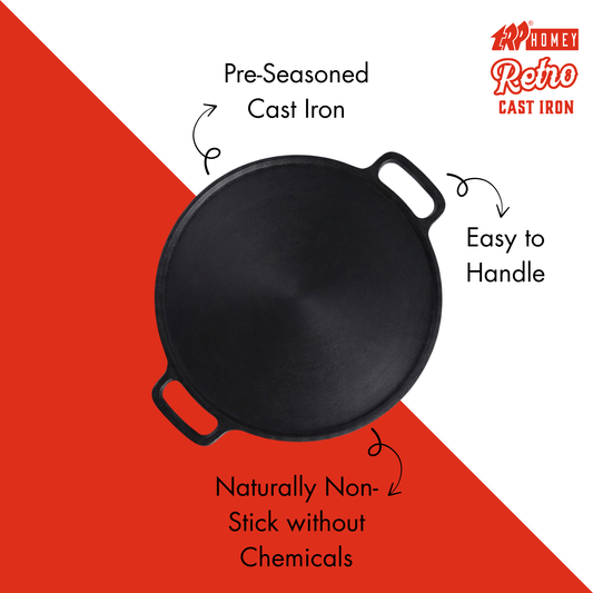 TRP Homey Retro Pre-Seasoned Cast Iron Dosa Tawa Smooth Double Handle