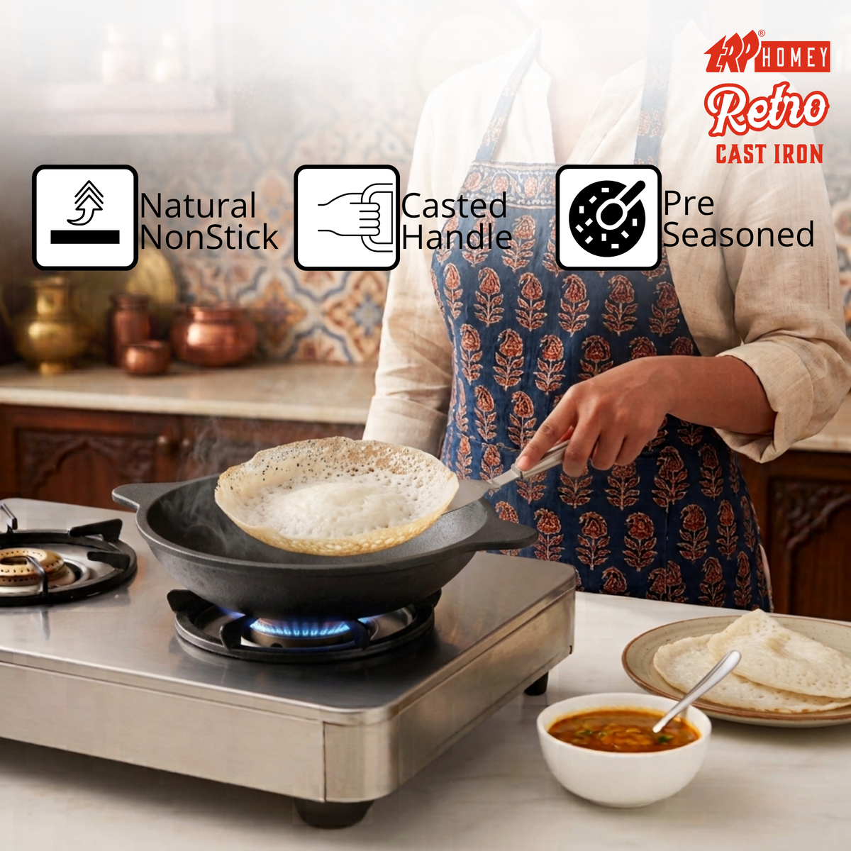 TRP Homey Retro Pre-Seasoned Cast Iron Appam Pan