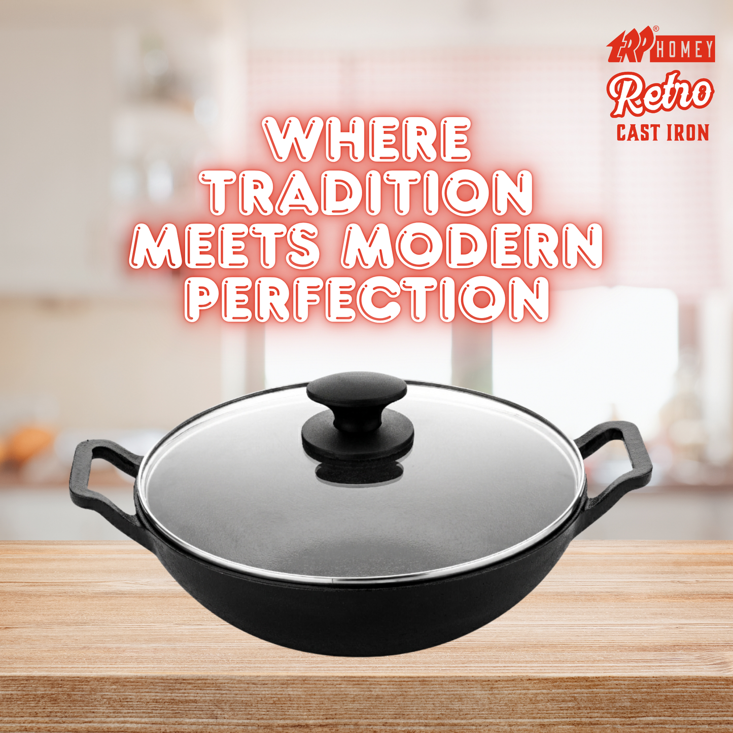 TRP Homey Retro Pre-Seasoned Cast Iron Kadai With Lid